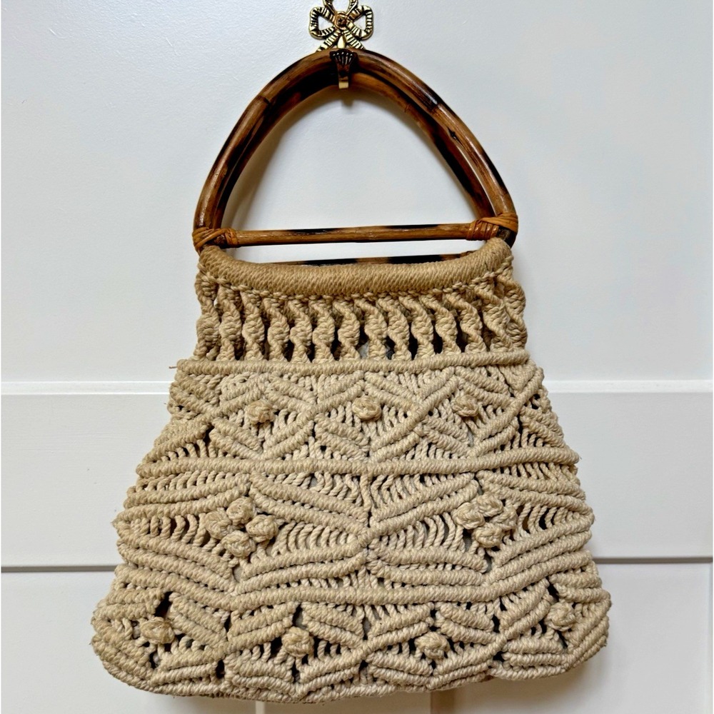 Hand Made Vintage 1970's  Macrame' Cream Color Sack Purse‎ with Bamboo Handles